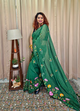 Load image into Gallery viewer, Bottle Green Mul Cotton Embroidery Saree For Women
