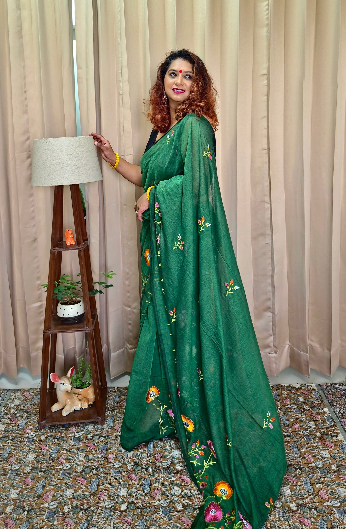 Bottle Green Mul Cotton Embroidery Saree For Women
