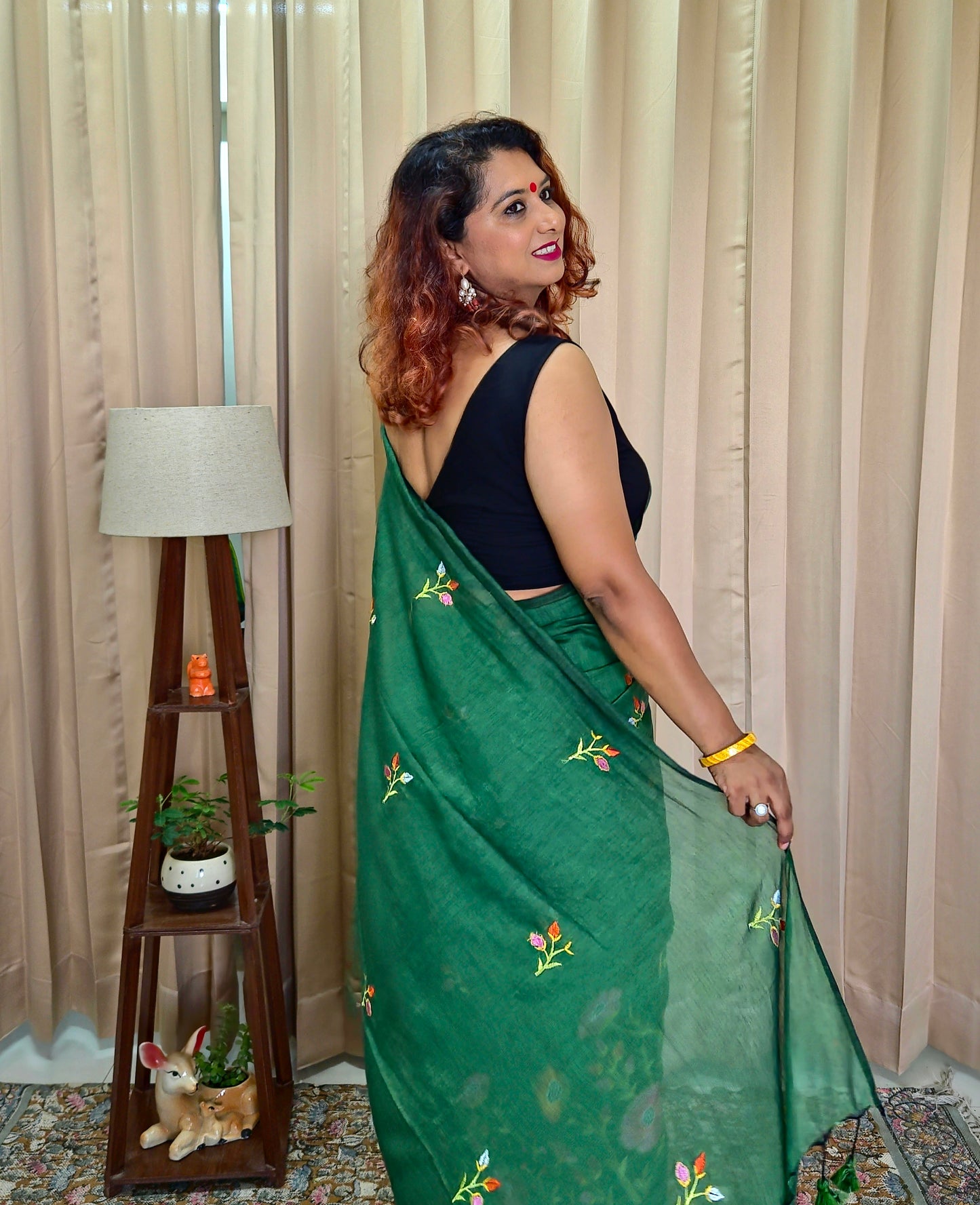 Bottle Green Mul Cotton Embroidery Saree For Women