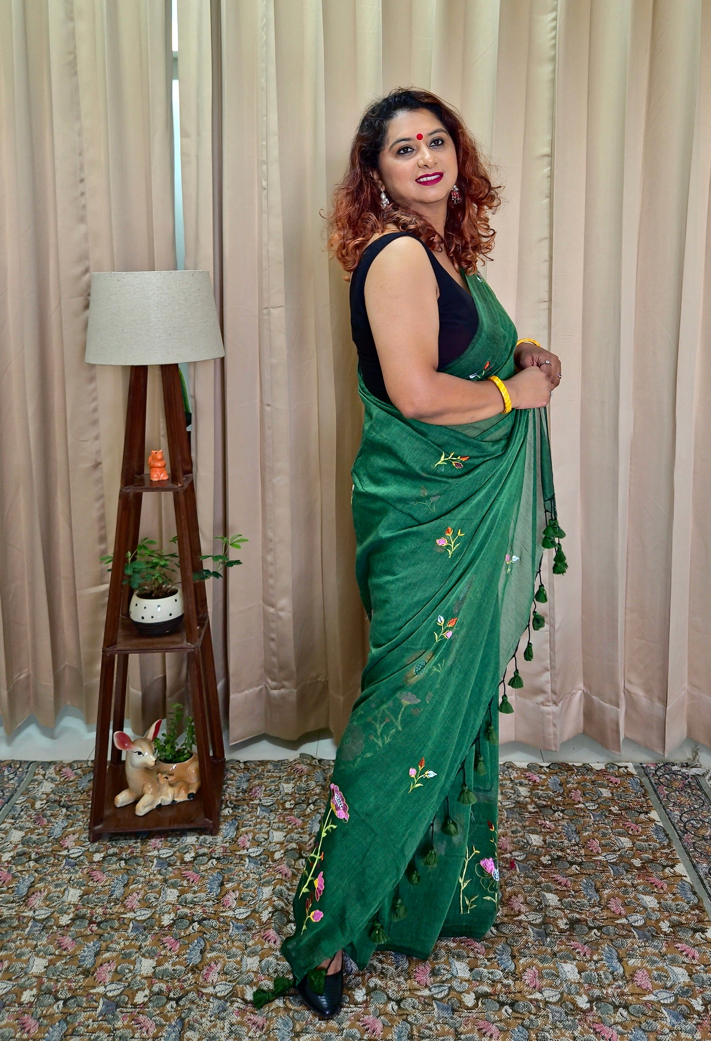 Bottle Green Mul Cotton Embroidery Saree For Women