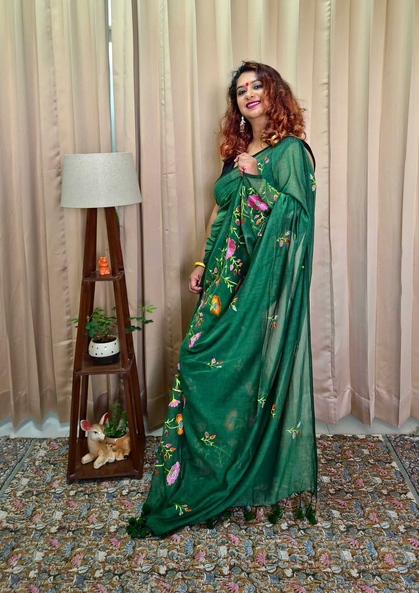 Bottle Green Mul Cotton Embroidery Saree For Women
