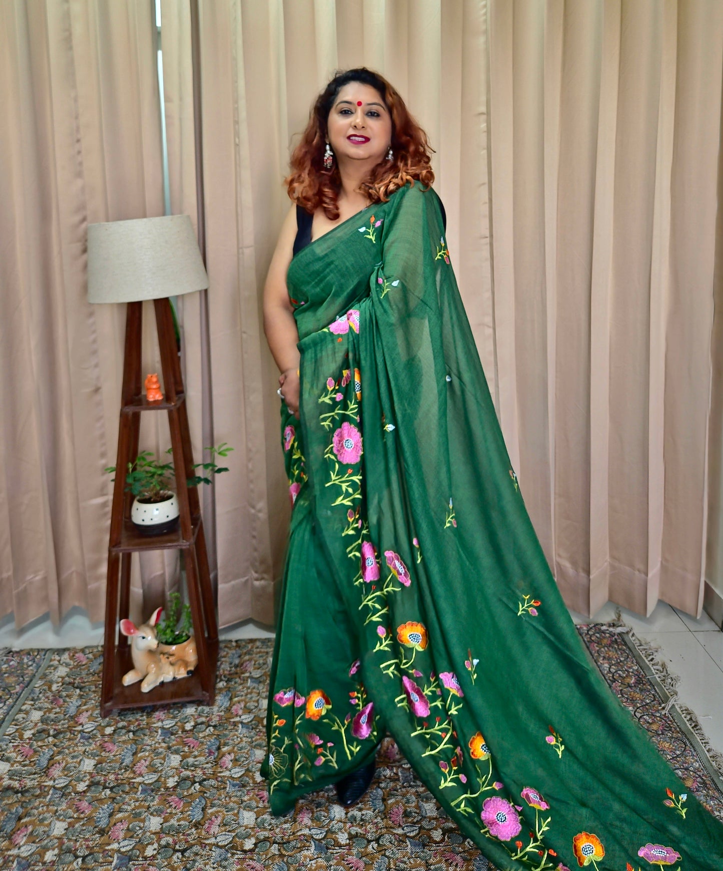 Bottle Green Mul Cotton Embroidery Saree For Women