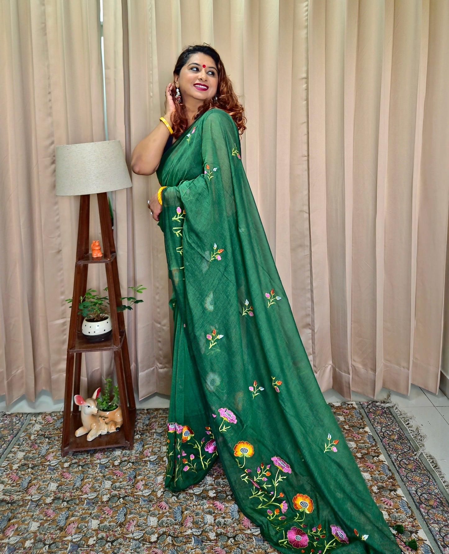 Bottle Green Mul Cotton Embroidery Saree For Women