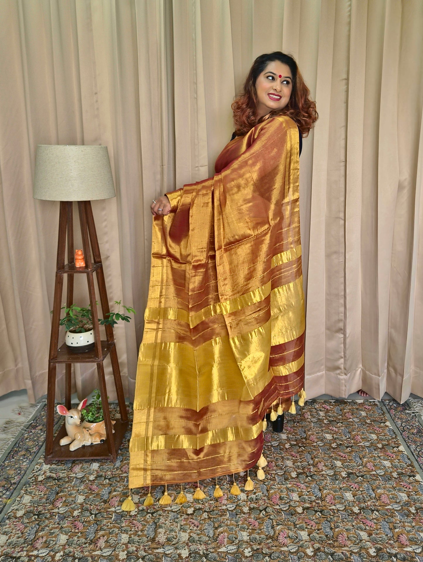 Bronze Golden Tissue Skirt Border Saree For Women