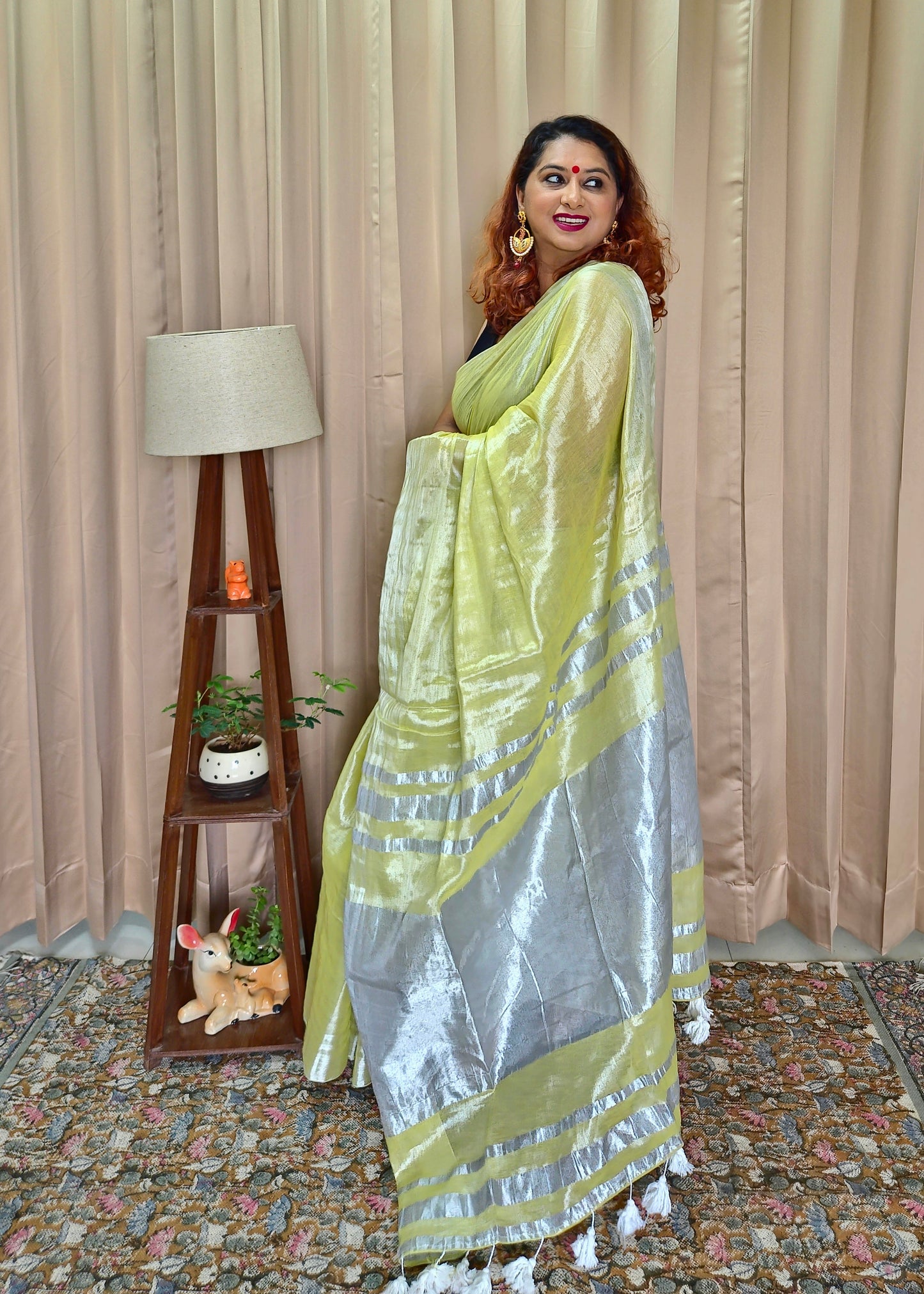 Pista Green & Silver Tissue Skirt Border Saree For Women