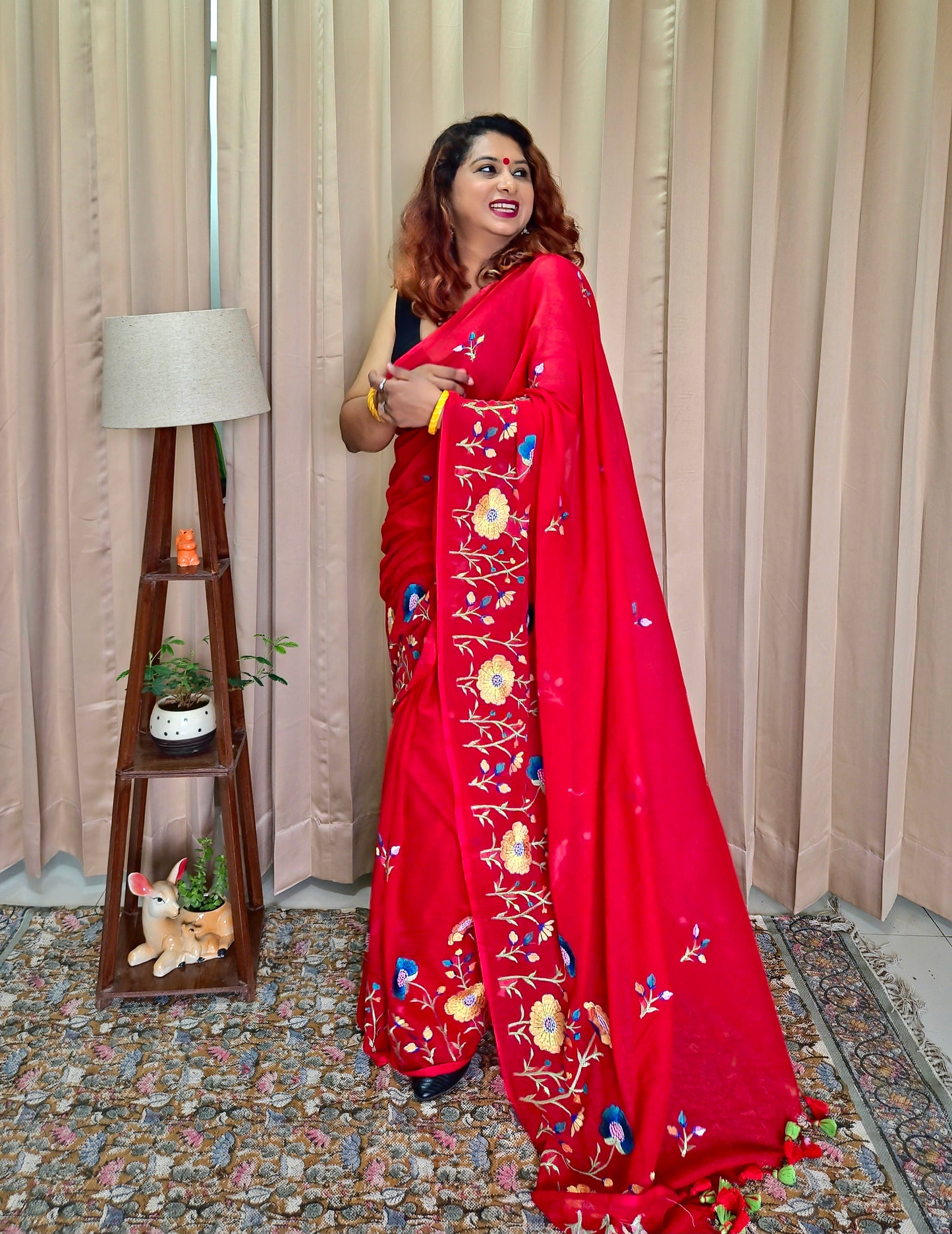 Red Mul Cotton Embroidery Saree For Women