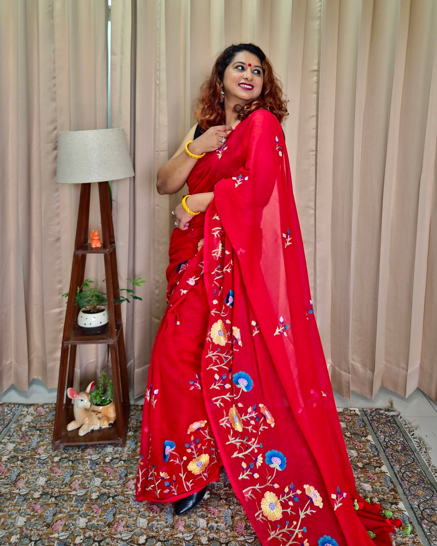 Red Mul Cotton Embroidery Saree For Women