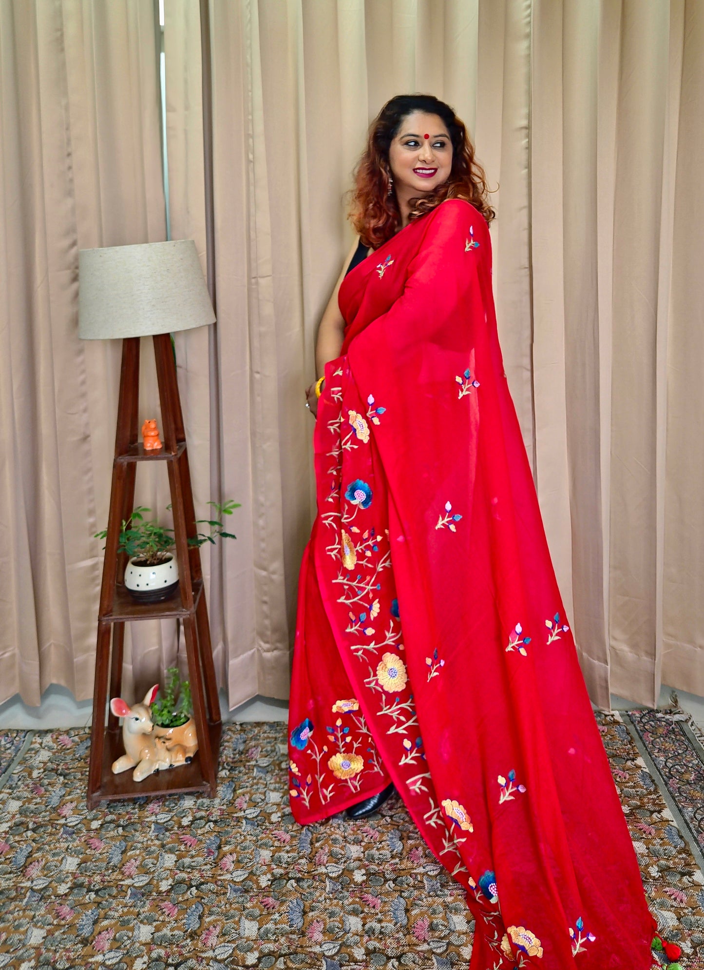 Red Mul Cotton Embroidery Saree For Women