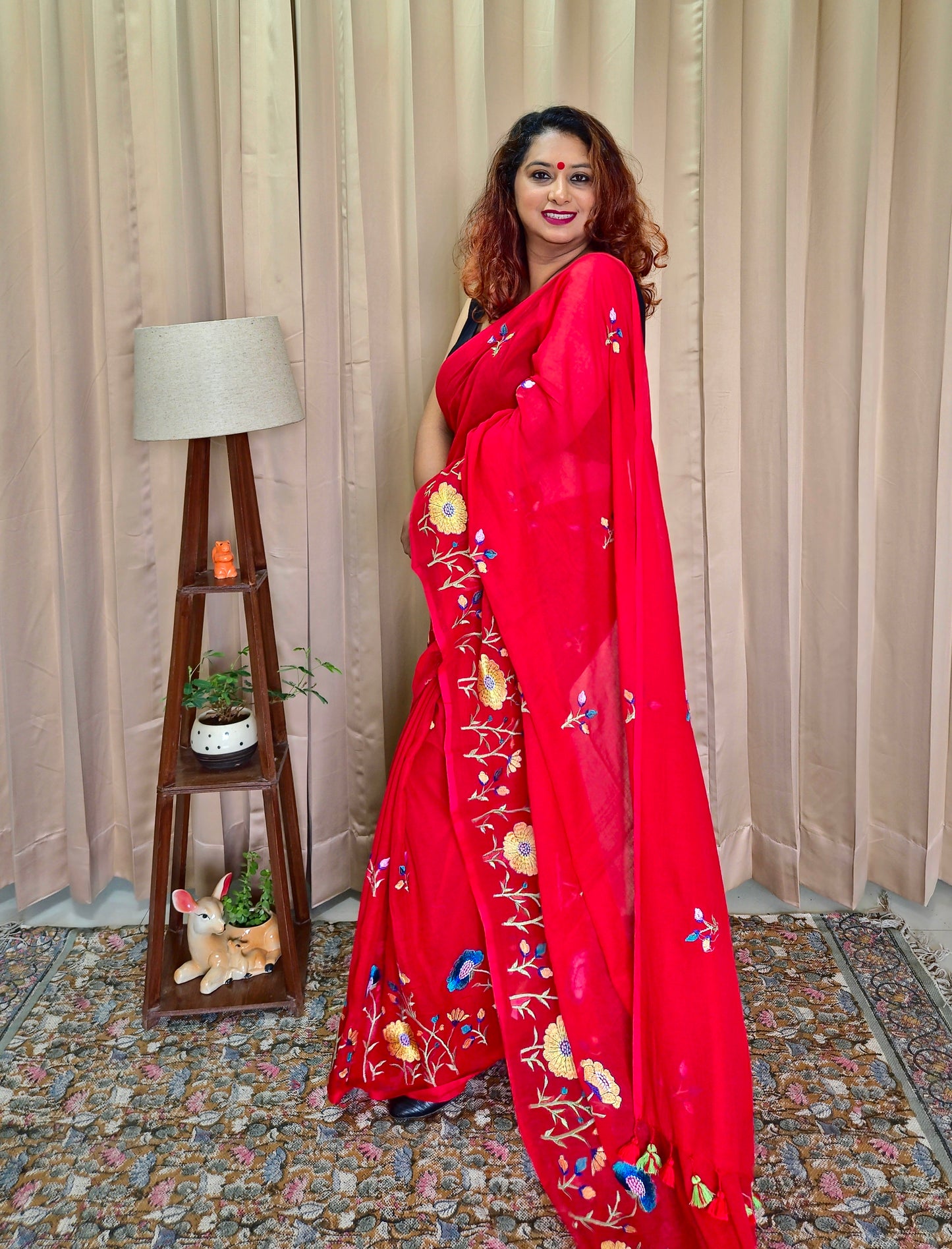 Red Mul Cotton Embroidery Saree For Women
