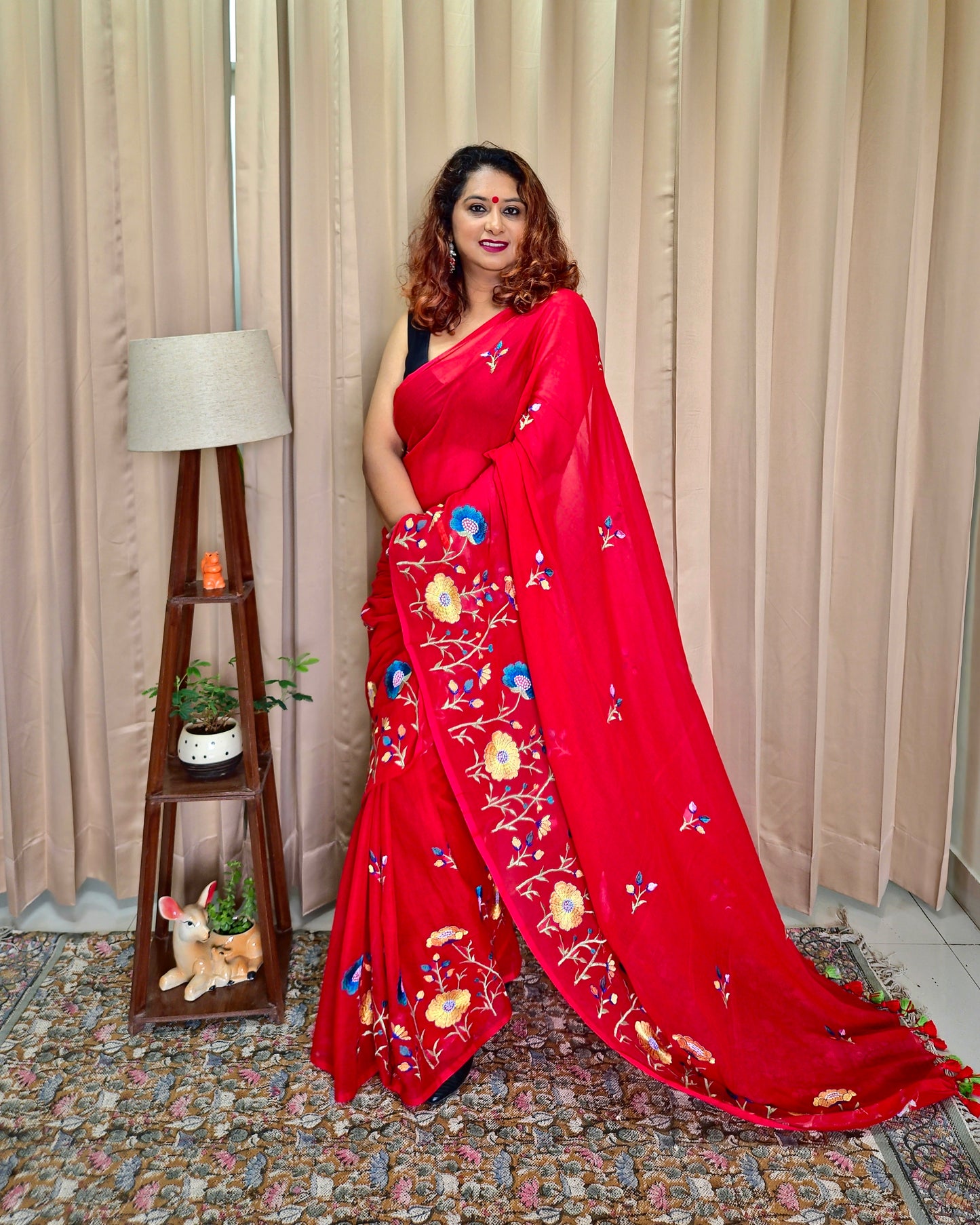 Red Mul Cotton Embroidery Saree For Women