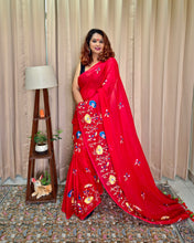 Load image into Gallery viewer, Red Mul Cotton Embroidery Saree For Women
