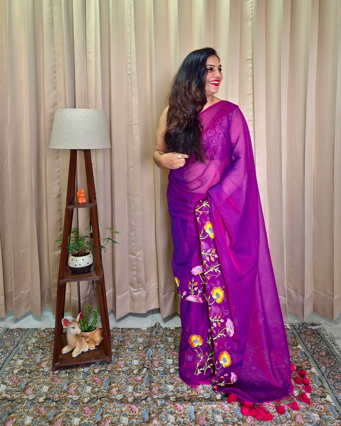Purple Mul Cotton Embroidery Saree For Women