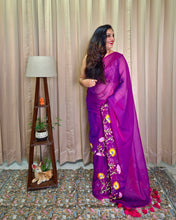 Load image into Gallery viewer, Purple Mul Cotton Embroidery Saree For Women
