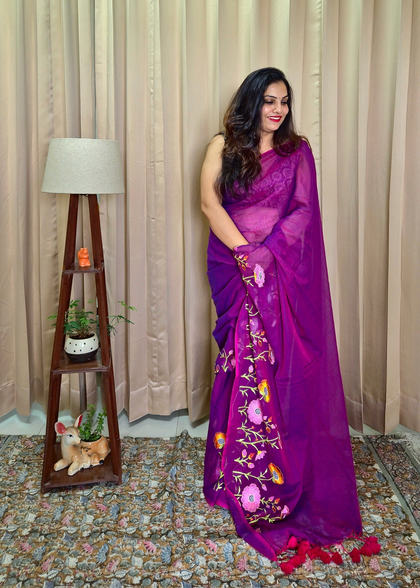 Purple Mul Cotton Embroidery Saree For Women