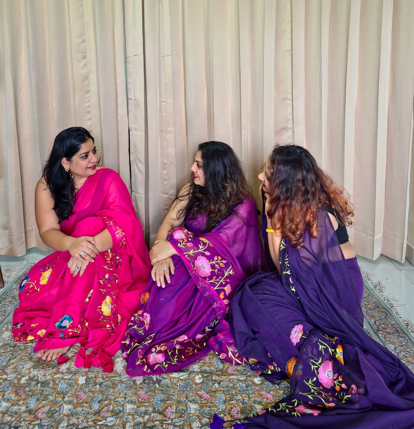 Purple Mul Cotton Embroidery Saree For Women