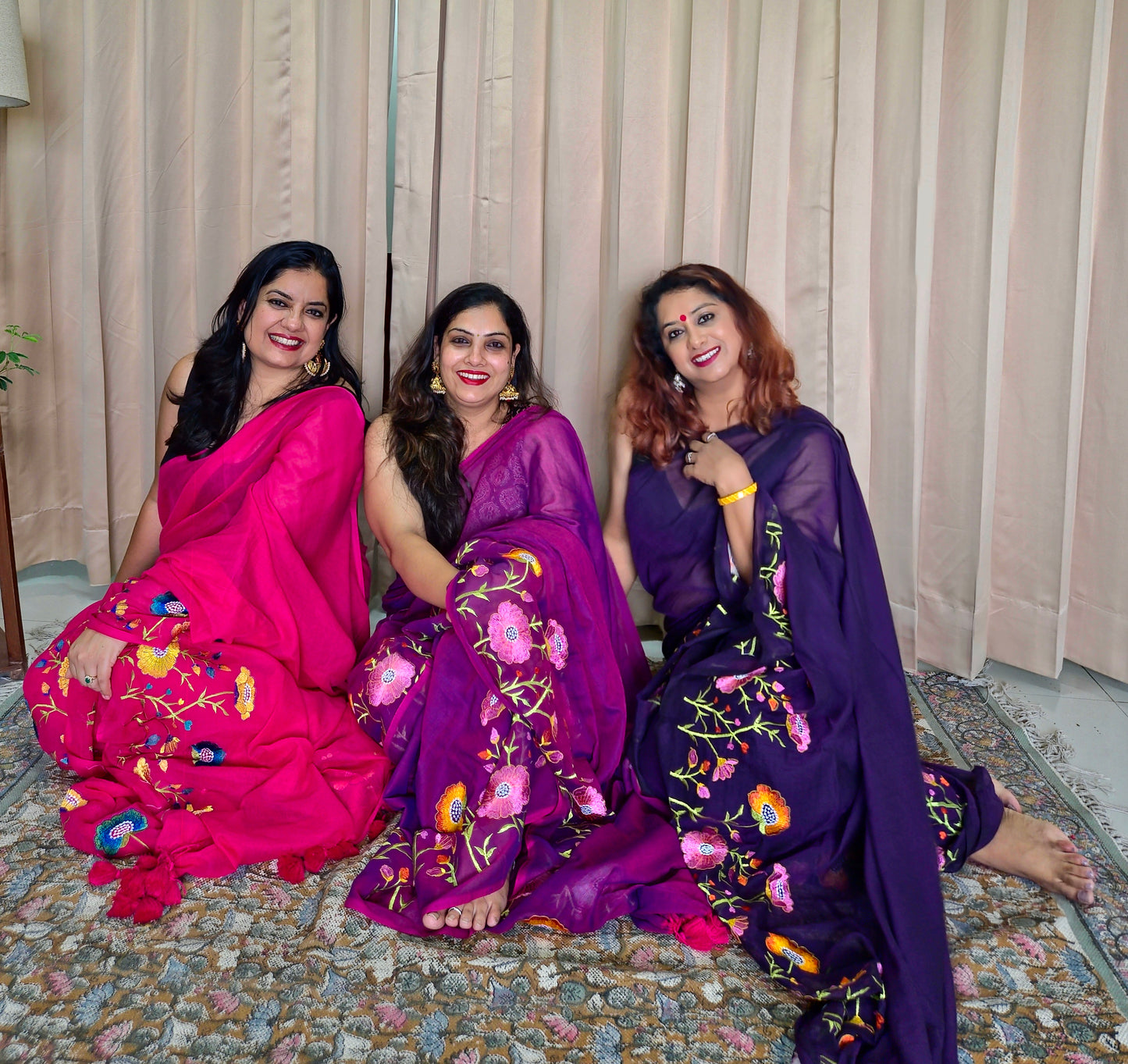 Purple Mul Cotton Embroidery Saree For Women