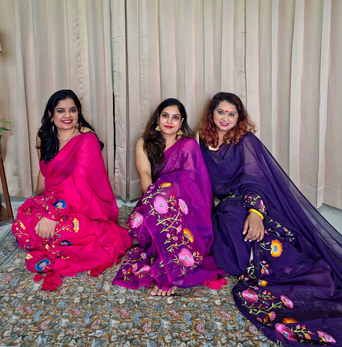 Purple Mul Cotton Embroidery Saree For Women