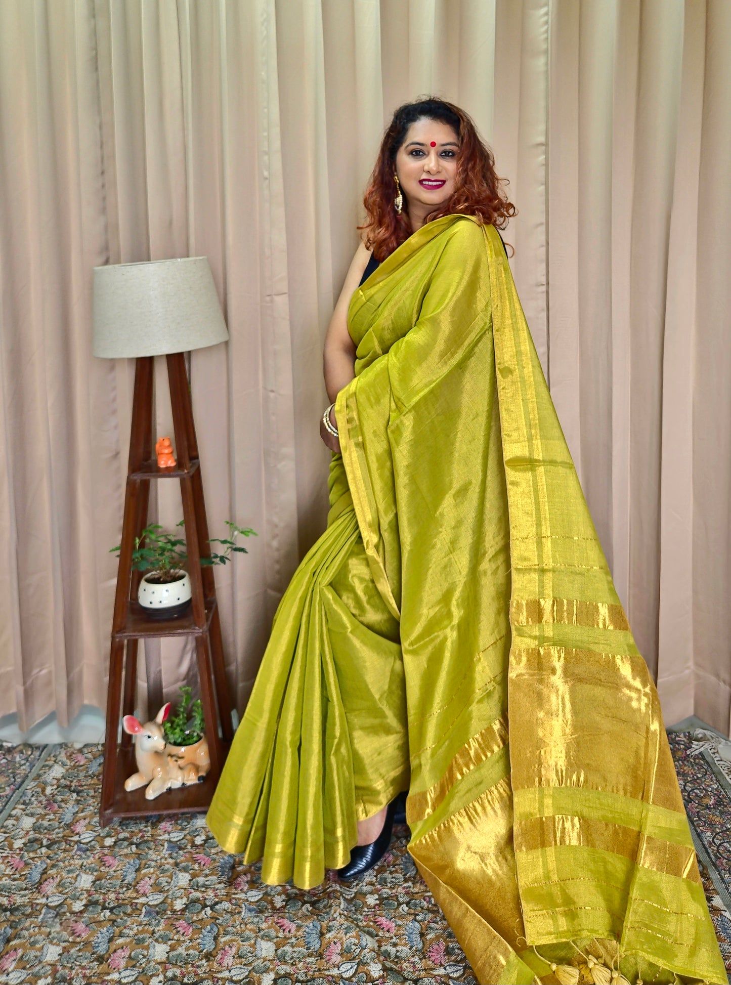 Lemon Green & Gold Tissue Skirt Border Saree For Women