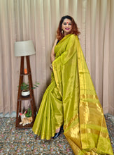 Load image into Gallery viewer, Lemon Green &amp; Gold Tissue Skirt Border Saree For Women
