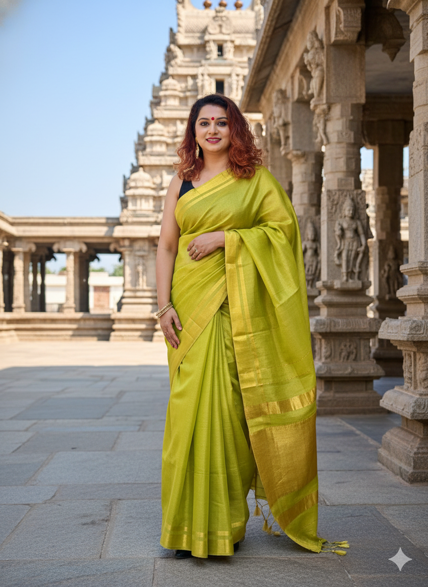 Lemon Green & Gold Tissue Skirt Border Saree For Women