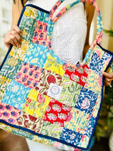 Load image into Gallery viewer, Multicolor Hand Block Printed Quilted Patch Work Round Handle Tote Bag For Women

