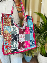 Load image into Gallery viewer, Multicolor Hand Block Printed Quilted Patch Work Round Handle Tote Bag For Women
